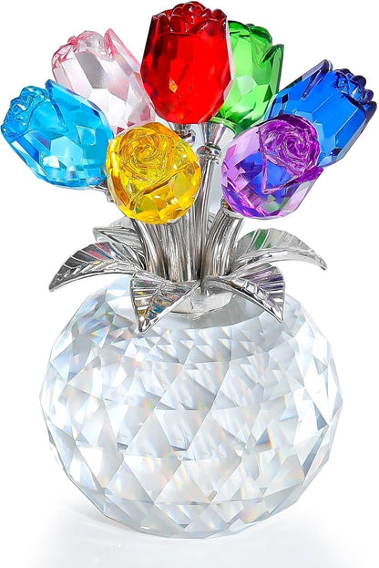 Figurine de collection de fleurs roses colorées en cristal avec vase