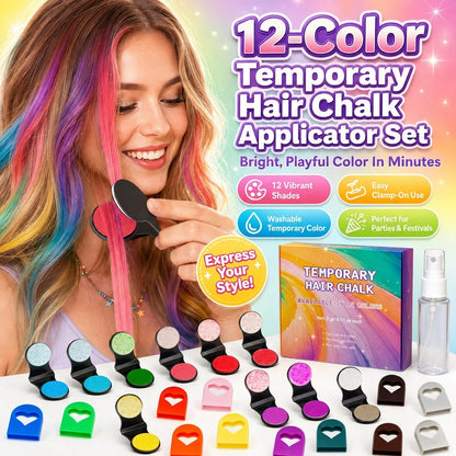Craie à cheveux temporaire 🌈 Coffret 12 couleurs + applicateurs à pince | Couleur éclatante, s'élimine au shampooing