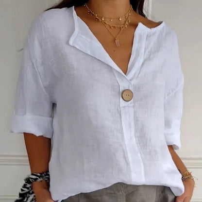 💎 60% DE RÉDUCTION ! 💎 Top Confortable Col V en Lin & Coton pour Femme – Respirant, Coupe Ample & Détail Boutons Élégants (6 Couleurs | M–4XL) 💖🌿