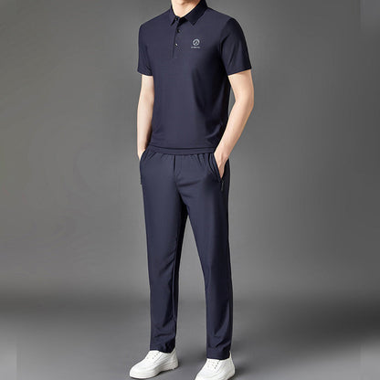 Ensemble 2 pièces pour homme : Haut à manches courtes en soie glacée & Pantalon à taille élastique