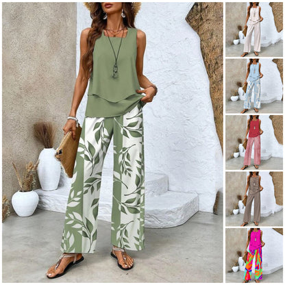 🔥Vente spéciale fête des mères -50 %🌺Tenue 2 pièces tendance pour femme, haut sans manches et pantalon