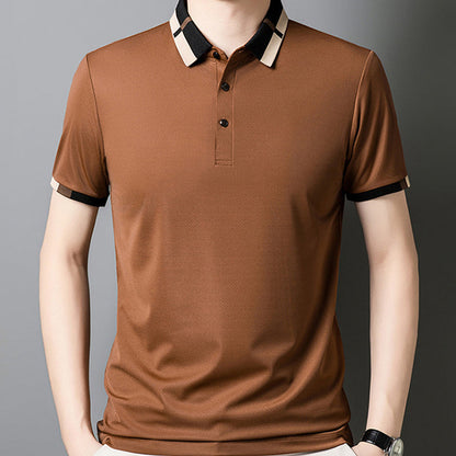 T-shirt à Manches Courtes en Soie Glacée Extensible avec Col à Revers pour Hommes