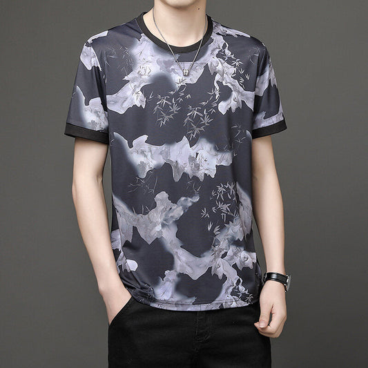 T-shirt à col rond respirant et décontracté pour homme, style encre de bambou