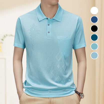 T-shirt décontracté à manches courtes avec col à revers en tissu lisse et respirant pour homme