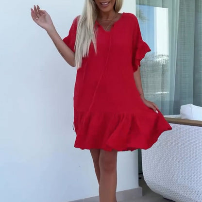 Robes courtes pour femmes à fleurs et manches courtes en couleurs unies