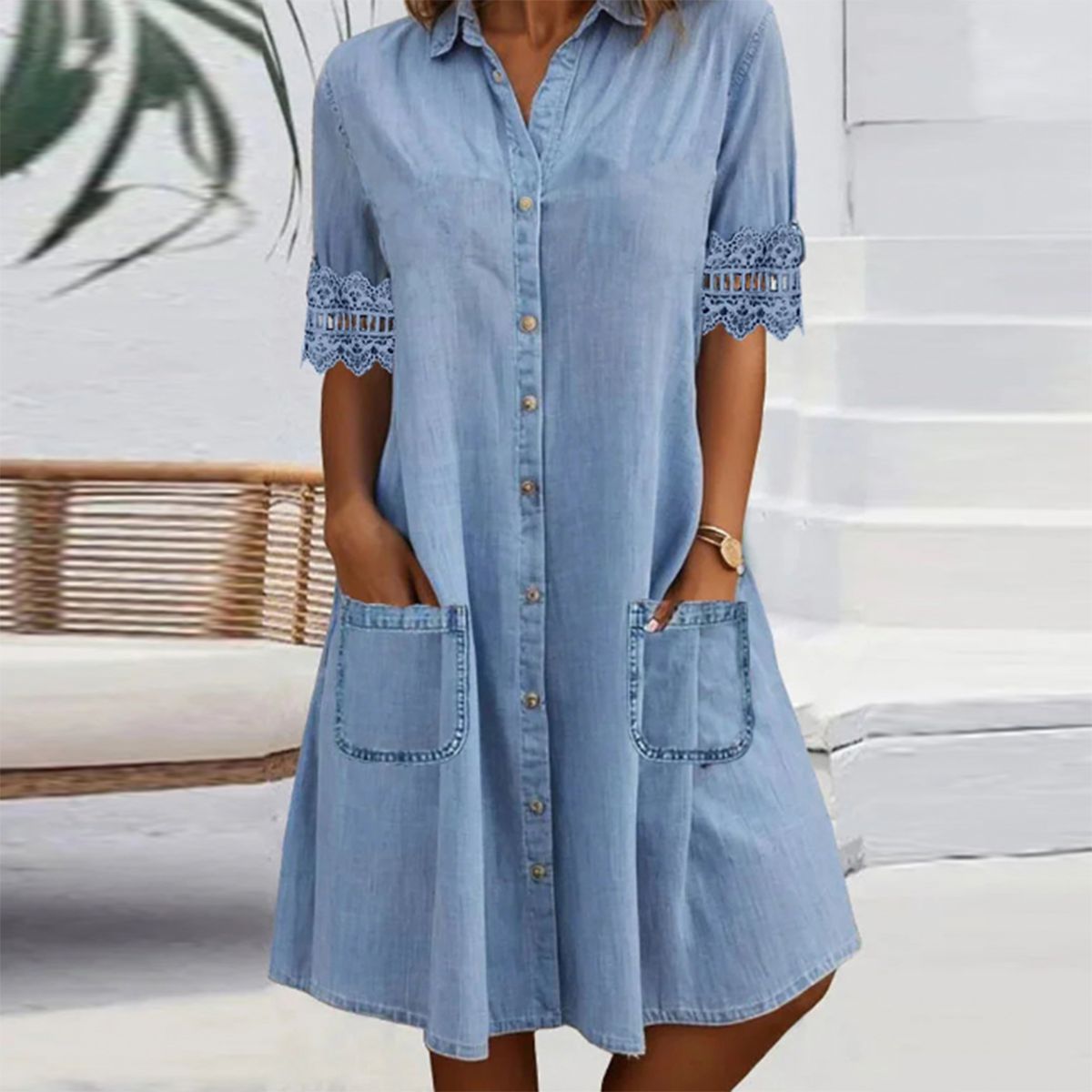 🎁Temps limité 50 % RÉDUCTION⏳Mini-robe bleue simple en denim avec col ...