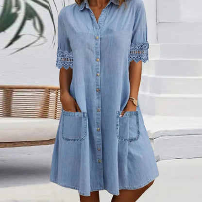 🎁Temps limité 50 % RÉDUCTION⏳Mini-robe bleue simple en denim avec col et dentelle