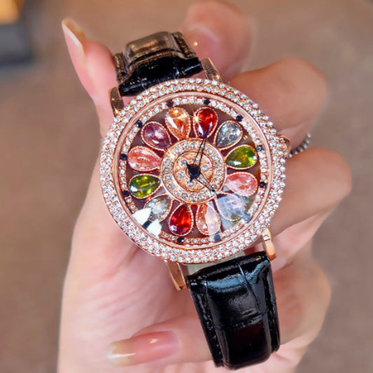 Montre à cadran rotatif pour femme avec diamants simulés colorés