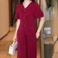 Ensemble 2 pièces pour femmes - Top à manches courtes avec col en V et pantalon large assorti