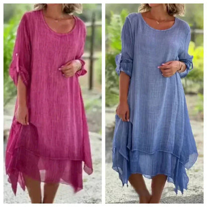 Robe Ample Élégante à Col Rond et Couleur Unie pour Femme