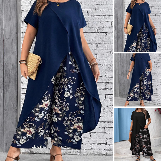 Ensemble femme - Top et pantalon imprimé de couleur unie