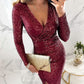 📢📢50 % de réduction！！！  ✨ Robe Moulante à Paillettes – Col V Croisé & Fente Élégante | Pour Cocktail, Mariage ou Soirée