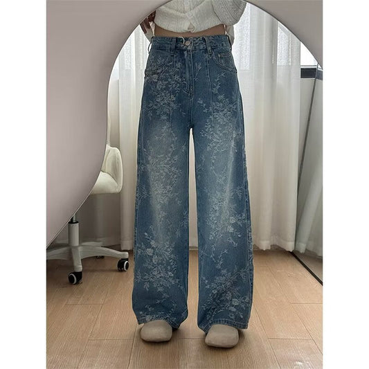 Pantalon en jean à jambes larges et motif jacquard floral pour femm