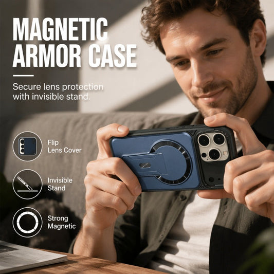 📱 Coque magnétique antichoc pour iPhone avec cache caméra rabattable et béquille intégrée