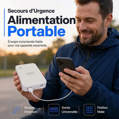 🔋 Batterie externe 5000 mAh charge rapide – Format poche 88 × 68 mm, lampe LED, charge de secours