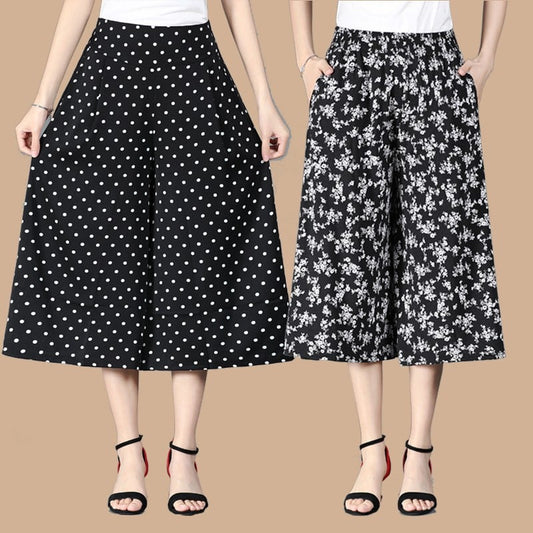 Culottes larges en mousseline de soie plissée taille haute élastique pour femmes