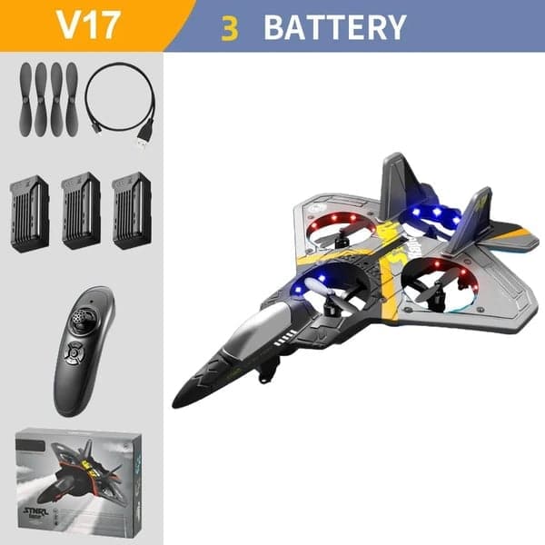 (Vente de Noël anticipée) Avion RC V17 Jet Fighter Stunt - qpgiftsme Argent / Trois Batterie